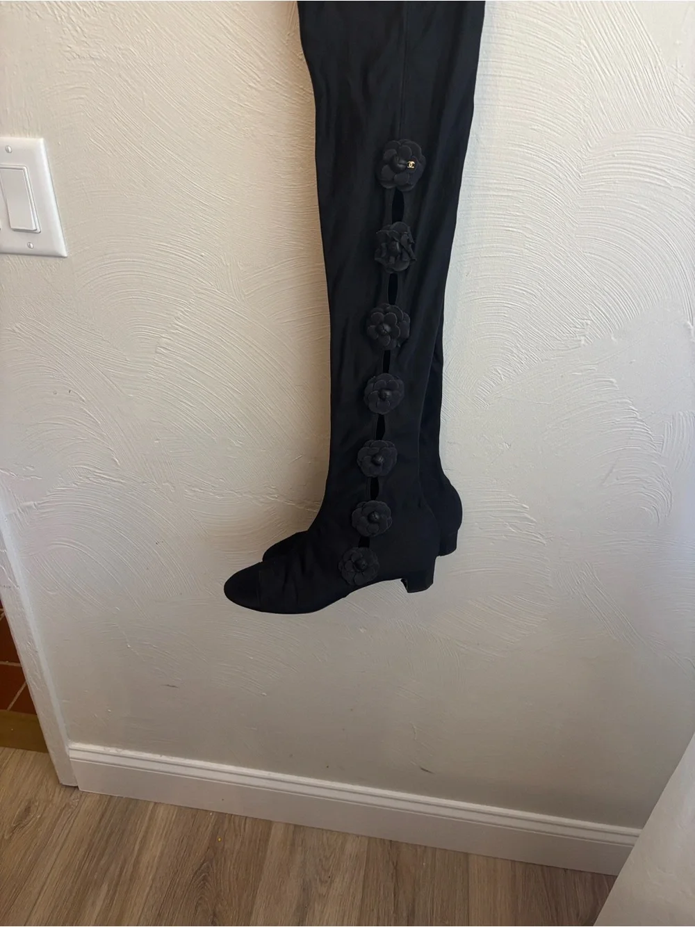 Chanel Camellia Flower Boots -thigh, highs black signature